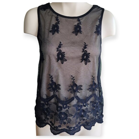 Vintage Y2K Black Lace Dual Layer Tank Top Nude Underlay Fairy Grunge Size S - Picture 5 of 10